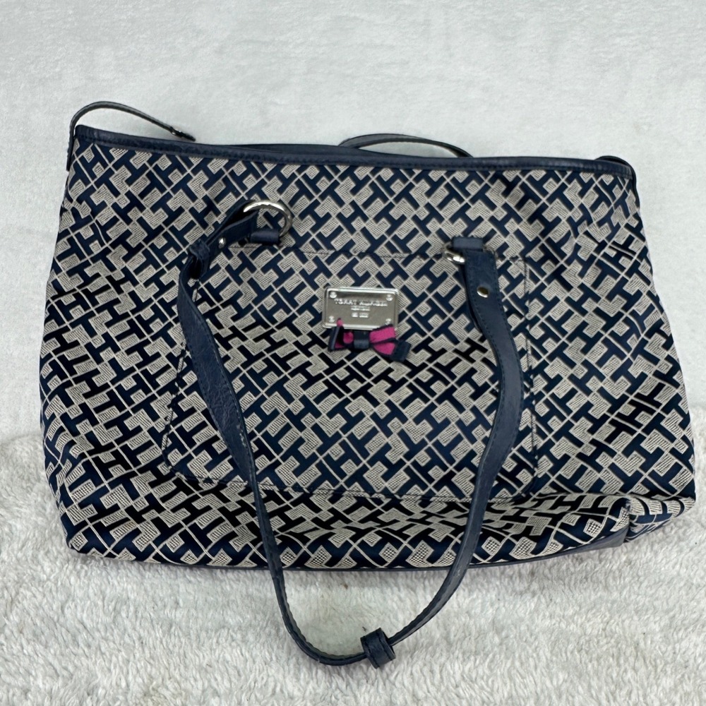 Tommy Hilfiger TH Monogram Tote Bag Navy Beige Purse Handbag Shoulder Bag